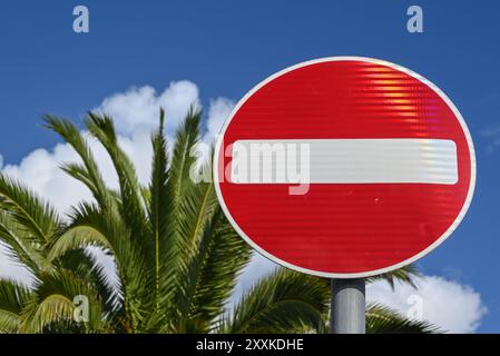 Ein hellrotes Verkehrsschild ohne Zutritt steht im Kontrast zu einer unscharfen grünen Palme und blauem Himmel. Stockfoto