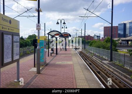 Trafford, Greater Manchester, Großbritannien. 24. August 2024: Ein leerer Stadtbahnsteig im Sonnenlicht, mit gut gepflegten Gleisen und darüber Stockfoto