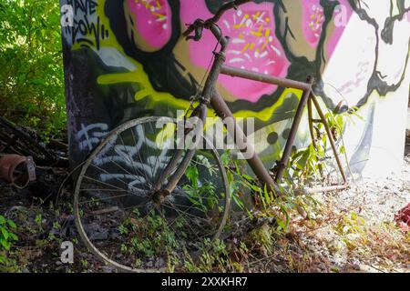 Salford, Greater Manchester, Großbritannien. 24. August 2024: Ein altes, rostiges Fahrrad lehnt sich an eine Wand, die mit farbenfrohen Graffiti bedeckt ist. Die Szene spielt in einem Over Stockfoto