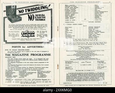 Seite mit partieller Besetzungsliste und Einladung, JAMES B. LOWE in der Lounge of the Dress Circle nach der Filmvorführung und seinen Live-Auftritten auf der Bühne des London Pavilion Programms vom Januar 1928 für JAMES B. LOWE GERTRUDE HOWARD ARTHUR EDMUND CAREWE VIRGINIA GREY MARGARITA FISCHER MONA RAY und GEORGE SIEGMANN in ONCLE TOM's KABINE zu treffen 1927 Regisseur HARRY A. POLLARD Stummfilm Harriet Beecher STOWE Stummfilm mit musikalienfeld Produzent Carl Laemmle Universal Pictures Stockfoto