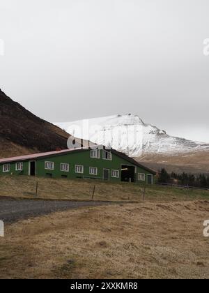 Dieses Bild zeigt ein großes grünes Gebäude im Vordergrund mit einer zerklüfteten Landschaft und einem schneebedeckten Berg im Hintergrund unter einem bewölkten Himmel Stockfoto