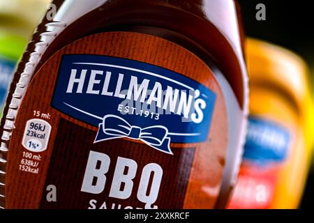 POZNAN, POL - 7. August 2024: Hellmann's Products, amerikanische Markennamen des britischen multinationalen Unternehmens Unilever Stockfoto