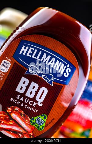 POZNAN, POL - 7. August 2024: Hellmann's Products, amerikanische Markennamen des britischen multinationalen Unternehmens Unilever Stockfoto