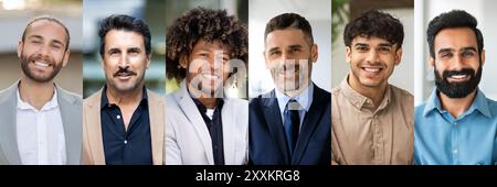 Gruppe von Männern lächelt, während sie sich im Freien in professioneller Kleidung posieren Stockfoto