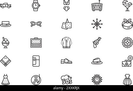 Die Sammlung der Symbole der 50er Jahre ist eine Vektorillustration mit bearbeitbarer Kontur. Stock Vektor