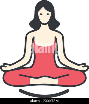 Frau in Lotusstellung. Karikaturillustration einer erwachsenen Frau, die in der Lotus-Asana-Yoga-Pose meditiert. Stock Vektor