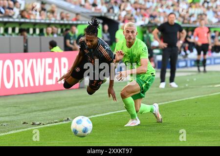 Wolfsburg, Deutschland. . August 2024. Wolfsburg, Deutschland. August 2024. Fußball: Bundesliga, VfL Wolfsburg - FC Bayern München, Spieltag 1, Volkswagen Arena. Münchner Michael Olise (l) im Kampf gegen Wolfsburgs Jakub Kaminski. Hinweis: Swen Pförtner/dpa - WICHTIGER HINWEIS: Gemäß den Vorschriften der DFL Deutschen Fußball-Liga und des DFB Deutschen Fußball-Bundes ist es verboten, im Stadion und/oder des Spiels aufgenommene Fotografien in Form von sequenziellen Bildern und/oder videoähnlichen Fotoserien zu verwenden oder zu nutzen./dpa/Alamy Live News Credit: dpa Picture Alliance Stockfoto