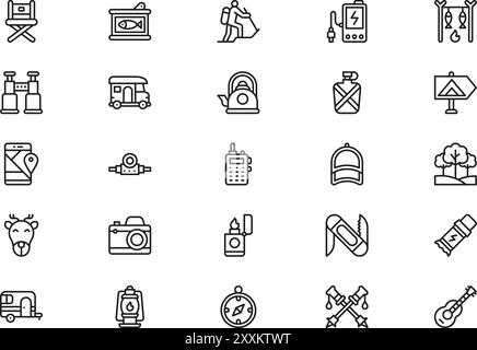 Die Sammlung Trekking Icons ist eine Vektorillustration mit bearbeitbarem Kontur. Stock Vektor