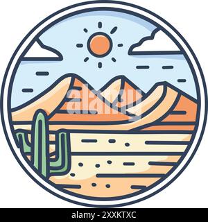 Wüstenlandschaft mit Kakteen und Sonne. Illustration einer Wüstenlandschaft mit Sanddünen, einem Kakteen und einer hellen Sonne. Stock Vektor