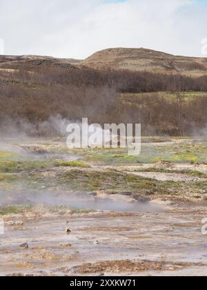 Die geothermische Aktivität zeigt Dampf, der aus felsigem Gelände steigt und die natürlichen Wärmeprozesse der Erde demonstriert, mit einer bergigen Landschaft im bac Stockfoto