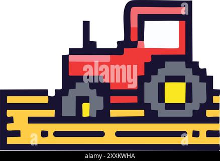 Gepixelter Traktor auf dem Feld. Abbildung eines roten Traktors auf einem Feld, gepixelt dargestellt. Stock Vektor
