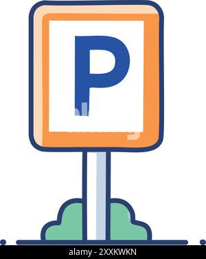 Parkplatzschilder im Design. Farbenfrohe Zeichentrickdarstellung eines Parkschilds mit einem blauen Buchstaben „P“ auf orangem Hintergrund. Stock Vektor