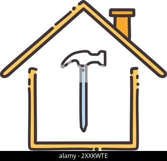 Abbildung des Hammersymbols für Heimwerkstatt. Eine farbenfrohe Ikonenillustration eines Hauses mit einem Hammer im Inneren, perfekt für die Darstellung von Bau, Renovierung Stock Vektor