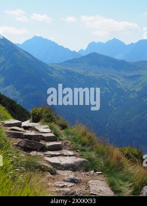 Ein erodierter Steinweg schlängelt sich durch das üppige grüne Gras eines Berges und bietet an einem sonnigen Tag einen atemberaubenden Blick auf eine ferne Bergkette Stockfoto