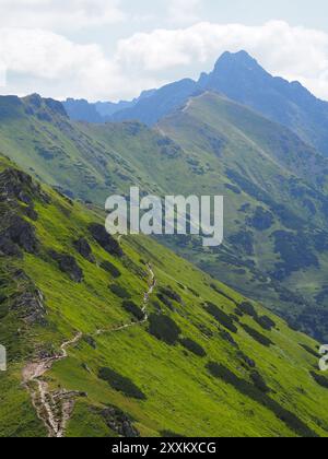 Ein gewundener Wildnispfad schlängelt sich entlang eines üppig grünen Bergrückens und lädt Wanderer ein, die unberührte Schönheit des Hochlands darunter zu erkunden Stockfoto