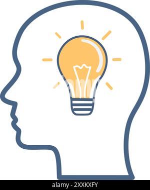 Kopf mit Glühbirne Ideensymbol. Einfache Illustration eines Kopfes mit einer Glühlampe, die Inspiration und helle Ideen symbolisiert. Stock Vektor
