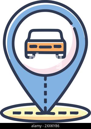 PIN-Symbol für Fahrzeugposition. Ein einfaches und farbenfrohes Symbol, das eine Positionsmarkierung des Fahrzeugs darstellt. Perfekt für App-Schnittstellen und Websites in Bezug auf Navigation und Stock Vektor