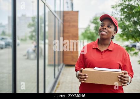 Afroamerikanischer Kurier lächelt, während er das Paket im Freien hält und rote Uniform und Mütze trägt, Person, die neben dem Gebäude steht, mit Glasfensterszene im Hintergrund Stockfoto