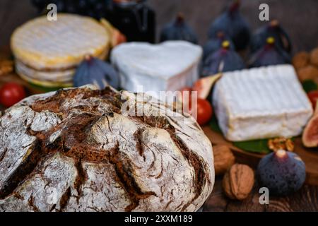 Auswahl an französischen Käsesorten aus der Normandie, AOP, Livarot, Neufchatel, Pont l'eveque, Roggenbrot, Feigen, Walnüsse, Trauben, Holundergelee Stockfoto