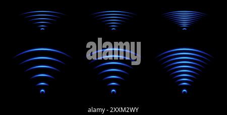 WLAN-Lichteffekt, Symbole für Schallwellen, Radarsignalkonzept. Blaues leuchtendes Funknetzwerk Stock Vektor