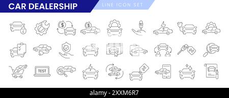 Dünne Linie des Autohändlers. Lineare Symbole für Autohändler, Automobilindustrie, Kfz-Handelszentrum oder Ladensalon. Mietservice, Reparatur, Kaufvertrag und Transportversicherung Stock Vektor