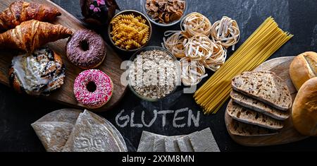 Zusammensetzung mit einer Vielzahl von glutenhaltigen Lebensmitteln. Stockfoto