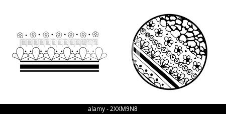 Zwei schwarz-weiße Muster mit geometrischen und floralen Elementen. Das Design eignet sich für die Dekoration von keramischem Geschirr und Textilien Stockfoto