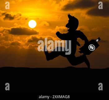 Konzept Business Silhouette, Cartoon Geschäftskonzept, Geschäftsmann auf dem Weg zum Erfolg mit Aktenkoffer bei Sonnenuntergang laufen Stockfoto