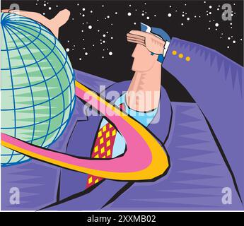 Abstrakter Clipart eines Geschäftsmannes legt seine Hand auf das Modell der Planetenvektor-Illustration Stock Vektor