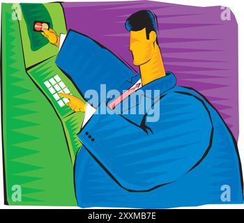 Ein Mann, der Geld von der Illustration des atm-Entwurfs abhebt Stock Vektor