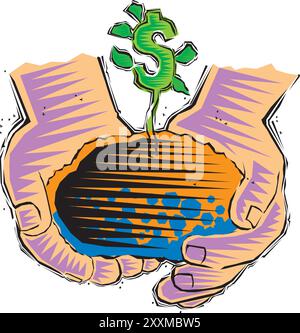 Flache Zeichnung Hand hält Spross einen Geldbaum auf dem Naturfeldsymbol. Geldbaum Investmentwachstum Erträge Zinsersparnis Wirtschaft Fonds Bestand m Stock Vektor
