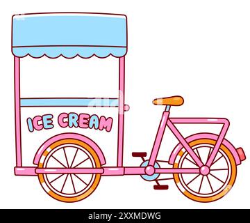 Eiskarre Cargo Bike Zeichnung. Niedliches Cartoon Street Food-Händlerfahrrad. Einfache Illustration des flachen Vektors. Stock Vektor