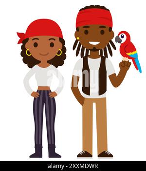 Niedliche Zeichentrickgrafik Schwarzes Piratenpaar Illustration. Junger Mann und Frau, Piratenkostüm-Party. Illustration des flachen Vektors. Stock Vektor