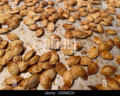 Frisch geröstete Kürbiskerne werden auf einem Backblech angeordnet, mit ihrer goldbraunen Farbe und der gewürzten Oberfläche, ideal für Snacks oder kulinarische Köstlichkeiten Stockfoto