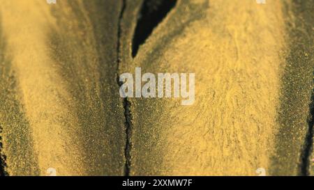 Tropftinte mit Glitzer. Farbfluss. Defokussierte Gelb Gold Schwarz Silber Farbe Schimmer Flüssigkeit Spill funkelnde Luxus Flüssigkeit Mischung nasse Textur abstrakte Kunst Hintergrund. Stockfoto