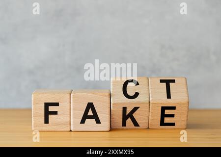 Fakt und Fälschung. Konzeptionelle Wörter. Holzwürfel mit dem Wort "Fake", das sich in das Wort "Fakt" ändert Stockfoto
