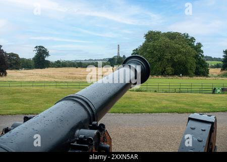 Eine große schwarze Kanone steht im Oldbridge House Museum und blickt über die Schlacht von Boyne. Co Louth, Irland. Stockfoto