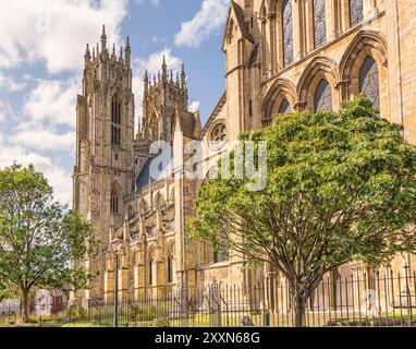 Eine Fassade des Beverley Minster mit zwei Türmen am anderen Ende Es gibt schmiedeeiserne Geländer und einen Baum im Vordergrund. Ein Himmel mit Wolken ist oben. Stockfoto