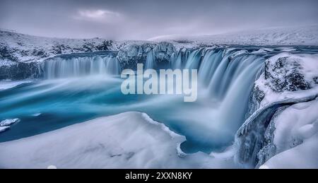 Goðafoss Wasserfall an einem bewölkten Wintertag Stockfoto