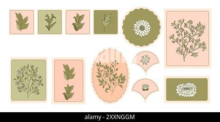 Set mit Vintage-Stempelaufklebern mit Blumenmuster. Vektor Hand gezeichnete Embleme SammlungSet von Vintage Blumenstempeln Aufkleber. Vector Hand gezeichnete Embleme Kollektion Stock Vektor