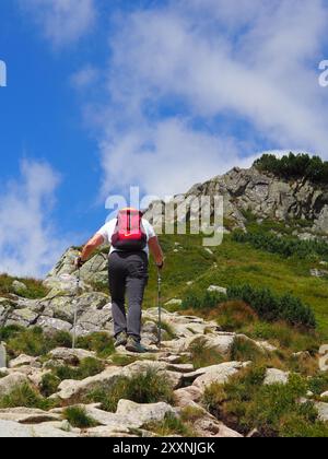 Tatra, Polen - 27. Juli 2024: Wanderer begeben sich auf einen Steinweg mit atemberaubender Bergkulisse und fangen das Wesen des Abenteuers ein Stockfoto