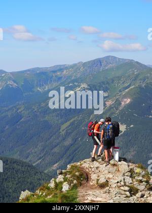 Tatra, Polen - 27. Juli 2024: Wanderer begeben sich auf einen Steinweg mit atemberaubender Bergkulisse, um die Essenz des Adventes zu erfassen Stockfoto