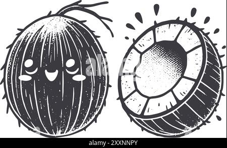 Grunge-Style Coconut Lächeln Frucht Charakter mit Textur, raue handgezeichnet mit genarbtem Print Effekt. Stock Vektor
