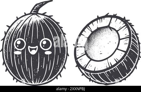 Grunge-Style Coconut Lächeln Frucht Charakter mit Textur, raue handgezeichnet mit genarbtem Print Effekt. Stock Vektor