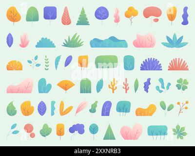 Flache Pflanzen. Baumblatt, Busch und einfache Blätter Farbverlauf, minimales tropisches Dschungellaub. Niedliche Blume, Waldelemente für die Einrichtung. Vektor-Zeichentrickdesign isolierte botanische einfache Illustration Stock Vektor
