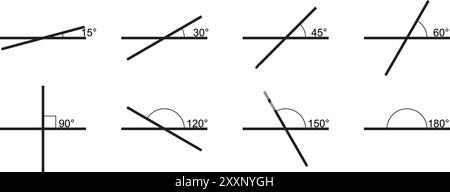 Set aus verschiedenen Symbolen für Winkelgrad. Erfassung von Winkelwerten. Geometrische oder trigonometrische Eckmessungen. Mathematiksymbole isoliert auf Stock Vektor
