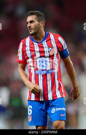 Madrid, Spanien. August 2024. MADRID, SPANIEN - 26. AUGUST: Jorge Resurreccion Koke Central Mittelfeld des Club Atletico de Madrid feiert den Sieg nach dem LaLiga EA Sports Match zwischen Club Atletico de Madrid und Girona FC im Civitas Metropolitano Stadium am 25. August 2024 in Madrid. (Foto von Francisco Macia/Photo Players Images/Magara Press) Credit: Magara Press SL/Alamy Live News Stockfoto