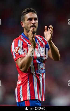 Madrid, Spanien. August 2024. MADRID, SPANIEN - 26. AUGUST: Jorge Resurreccion Koke Central Mittelfeld des Club Atletico de Madrid feiert den Sieg nach dem LaLiga EA Sports Match zwischen Club Atletico de Madrid und Girona FC im Civitas Metropolitano Stadium am 25. August 2024 in Madrid. (Foto von Francisco Macia/Photo Players Images/Magara Press) Credit: Magara Press SL/Alamy Live News Stockfoto