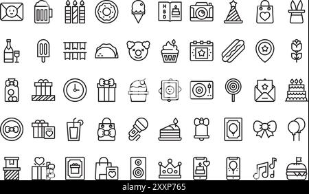 Die Sammlung Geburtstagssymbole ist eine Vektorillustration mit bearbeitbarem Kontur. Stock Vektor