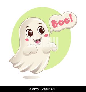 Niedliche Zeichentrick-Geisterillustration mit großen Augen und einem verspielten Ausdruck, sagt Buh. Vektorgrafik Stock Vektor